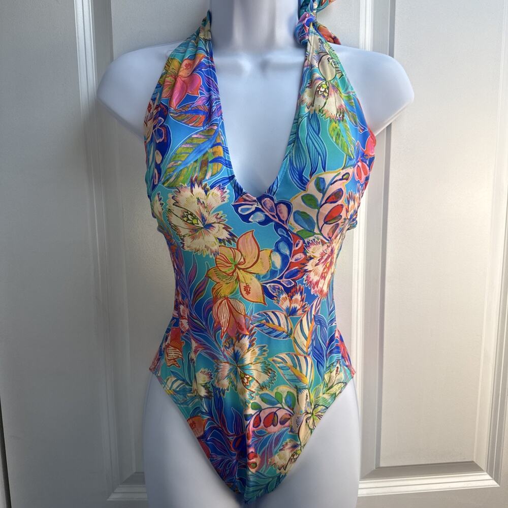Johnny Was Size Small Helena Halter One Piece Swimsuit Blue Floral NWT $198 - Picture 3 of 11